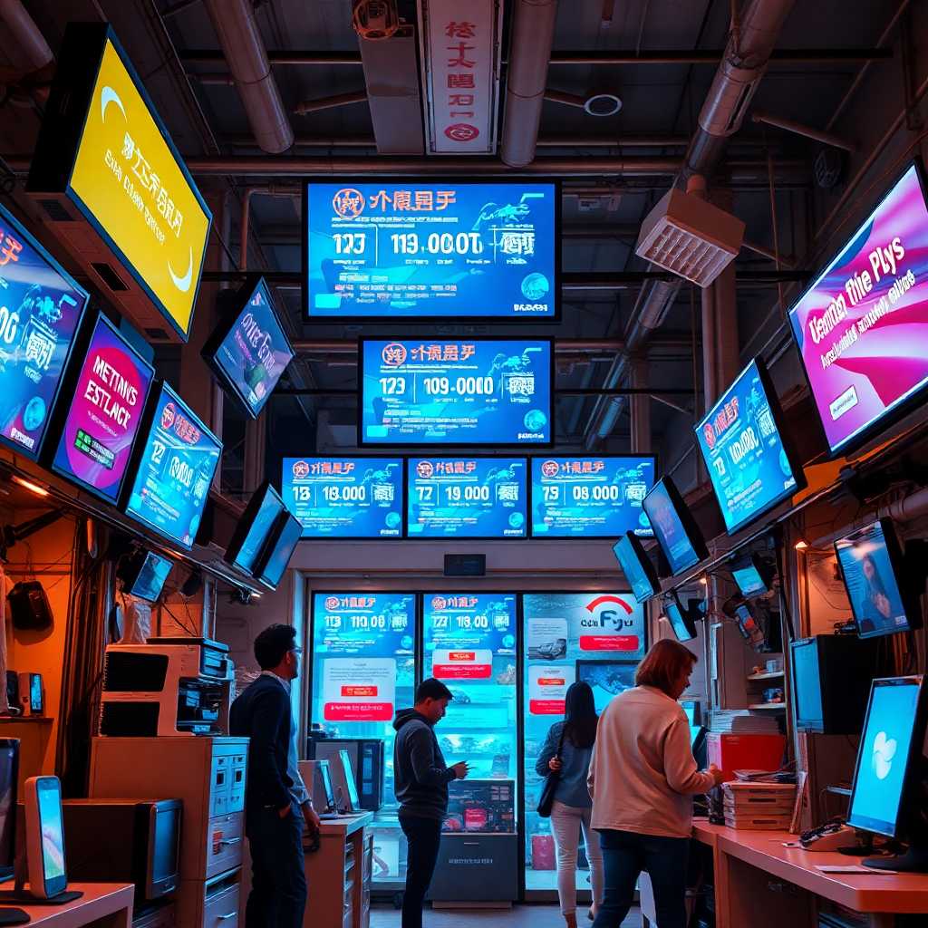 A bustling Mobile Electronics Installation Service center with messaging screens in the backdrop.