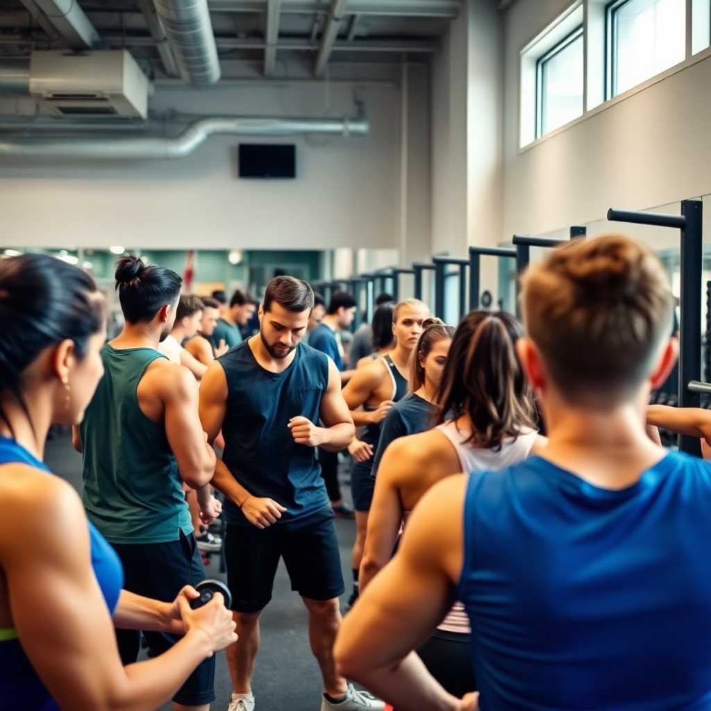 A bustling personal training studio with trainers intensely working with several clients, illustrating the diverse demands on the staff’s attention.