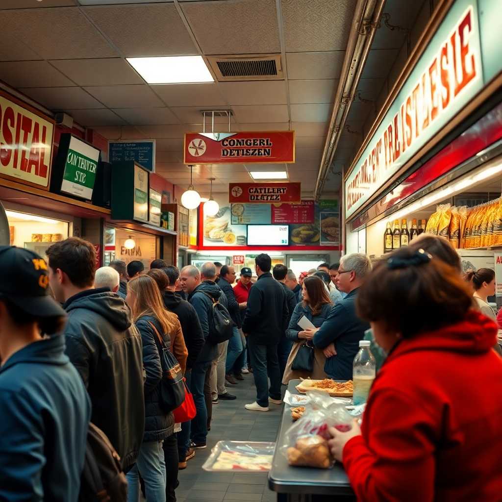 A busy delicatessen with customers waiting in line, showcasing the vibrant atmosphere and hungry patrons.