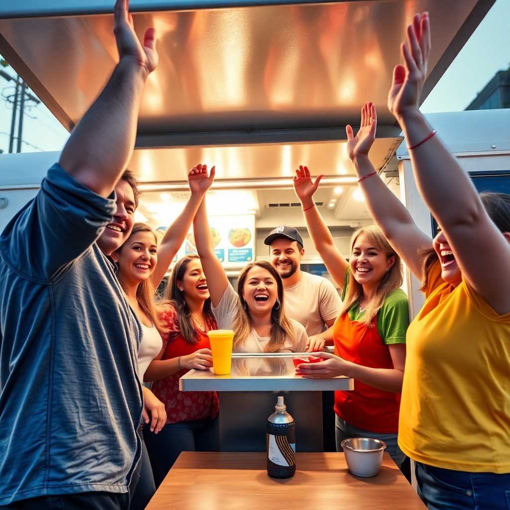 A joyful food truck team celebrating a successful sales day