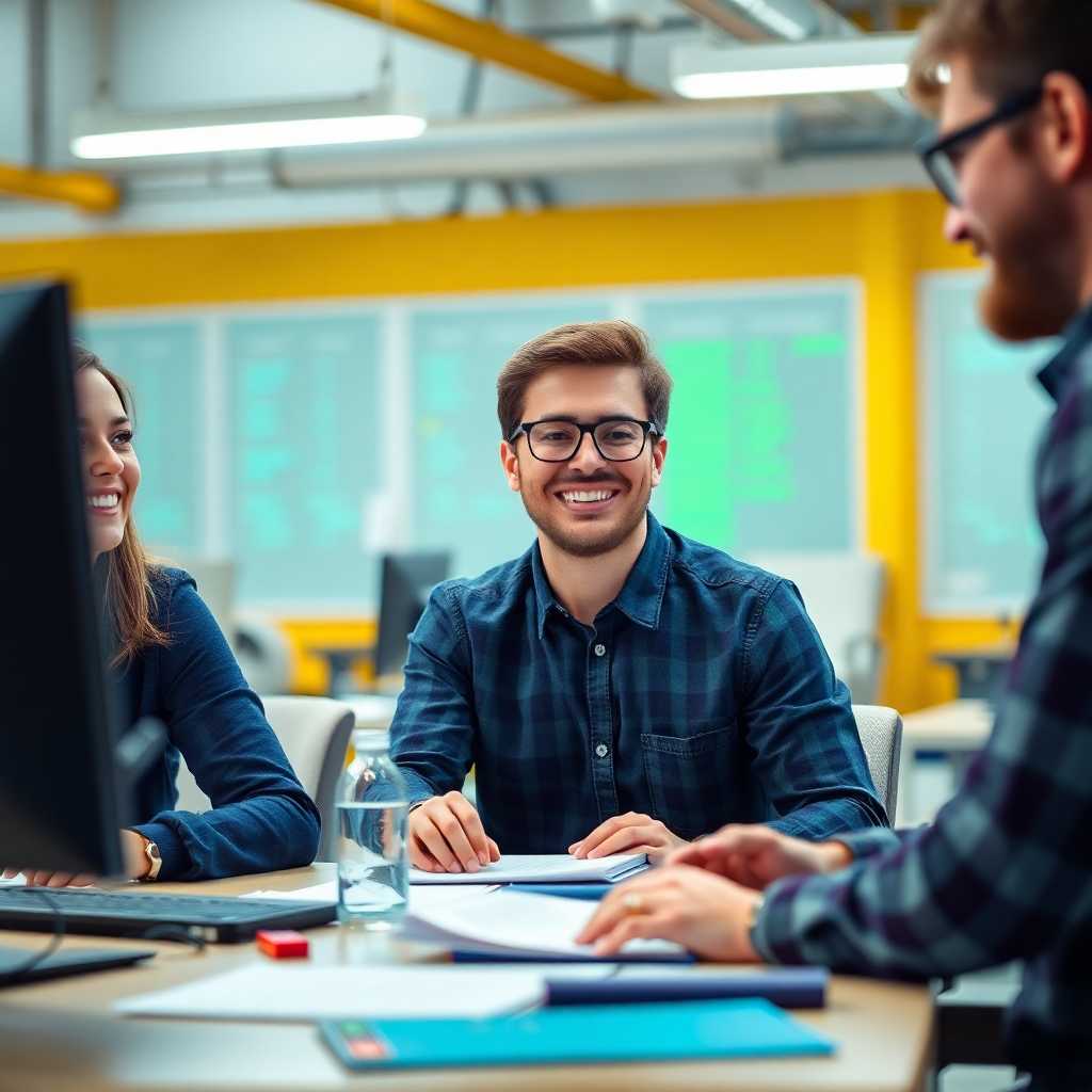 Smiling production team meeting deadlines using their new system