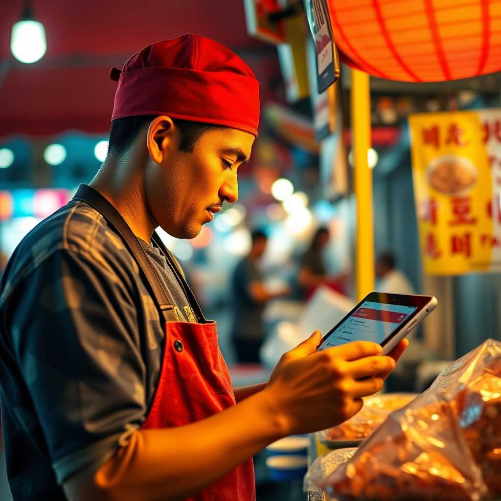 A food vendor adjusting settings on a digital tablet.