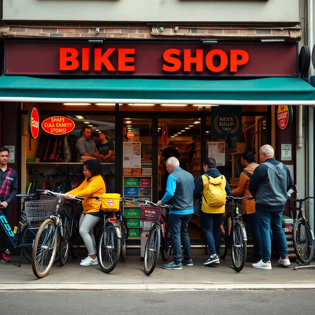 Front of a bustling bike shop with a queue of customers