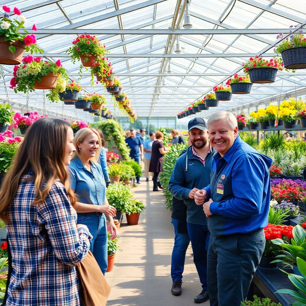 A serene garden center with multiple employees engaging happily with customers