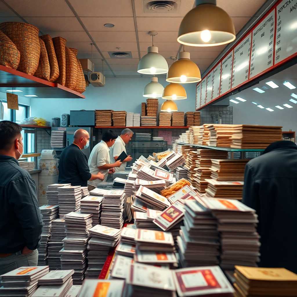 A bustling bakery counter with heaps of orders waiting to be processed.