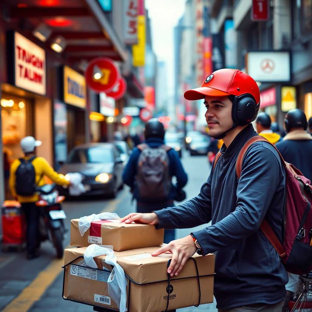 Courier handling delivered packages at a bustling city street