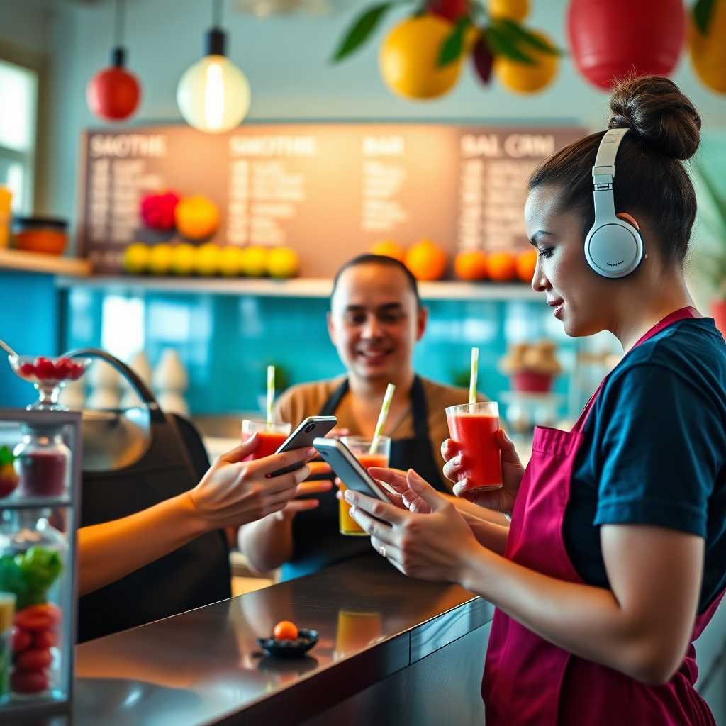 Smoothie Bar Staff Engaging with a Mobile CRM System