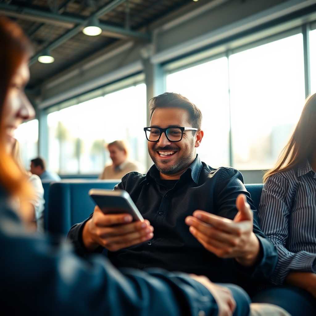 Client interacting cheerfully with automated text on a sleek phone interface.