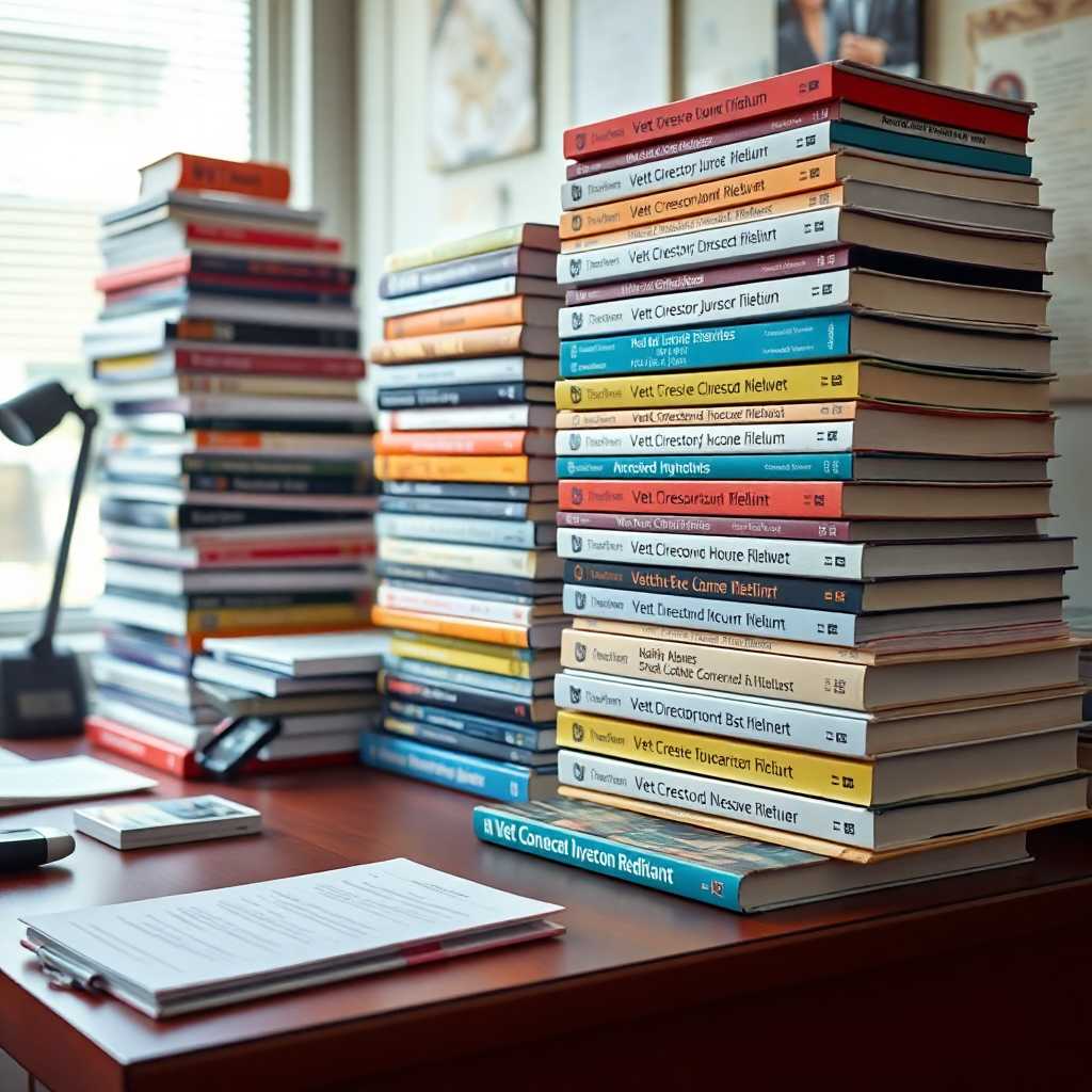 A desk stacked with vet directories