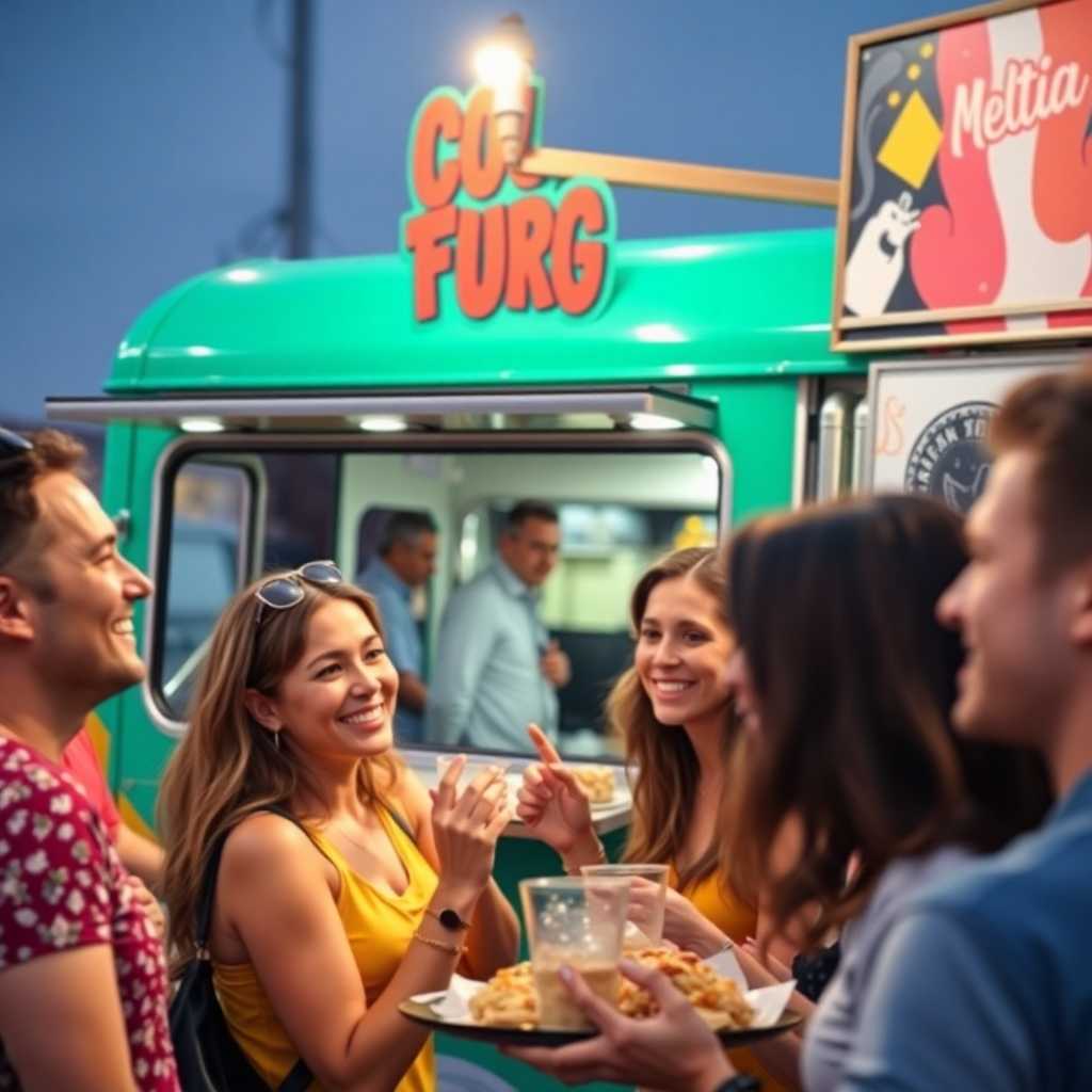 A group of satisfied customers enjoying food by a colorful truck.