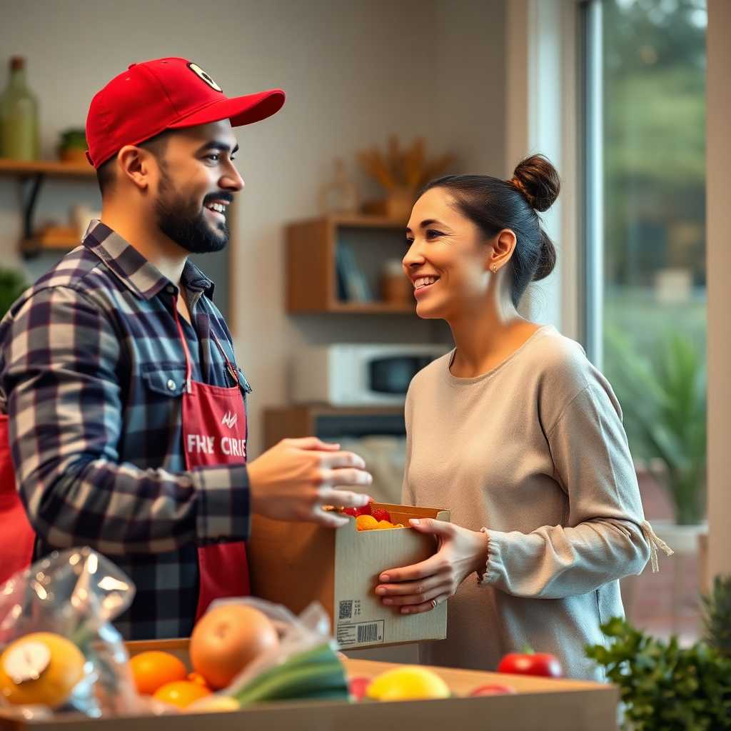 A satisfied grocery delivery customer receiving their order at home