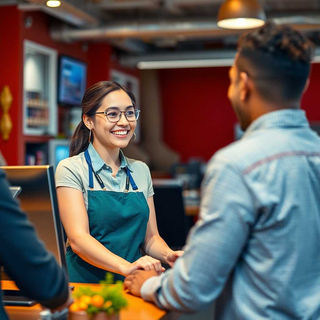 Customer service representative assisting a client with a smile.