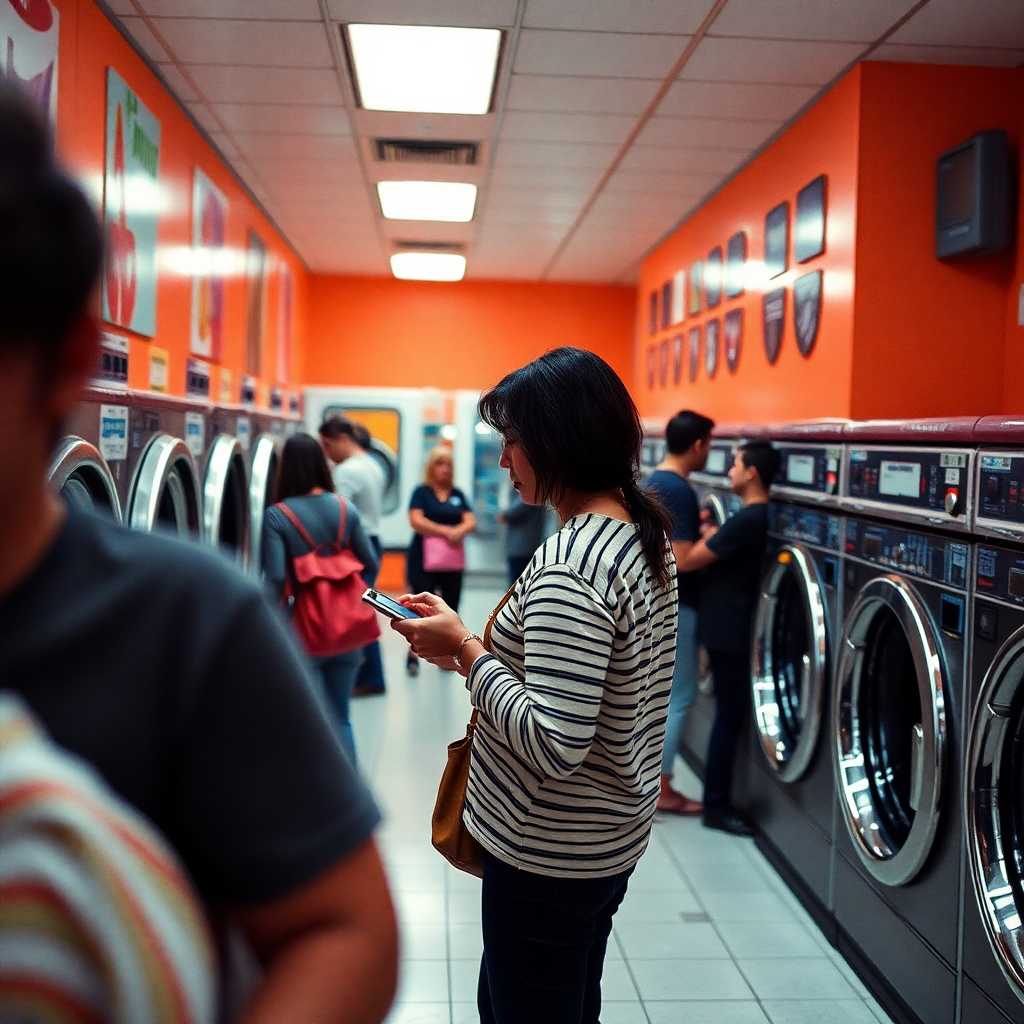 A busy laundromat with a customer texting