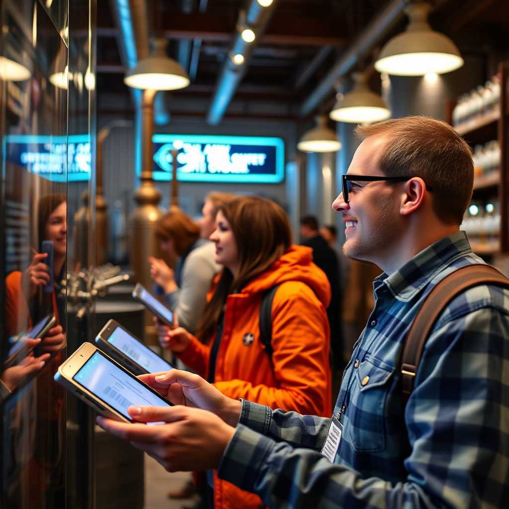 A customer enjoying a seamless distillery visit, engaged with interactive messages