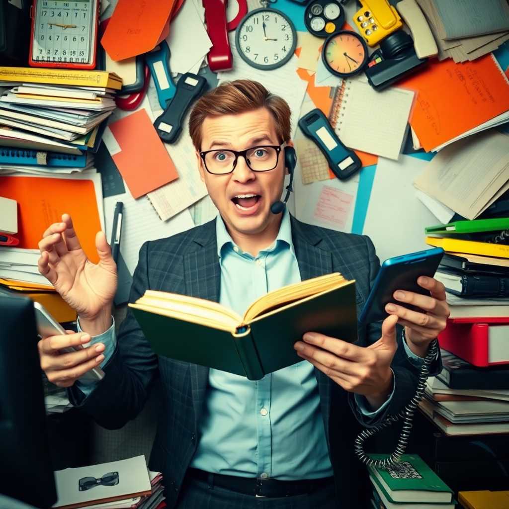 Flustered consultant surrounded by cluttered diary and phone calls