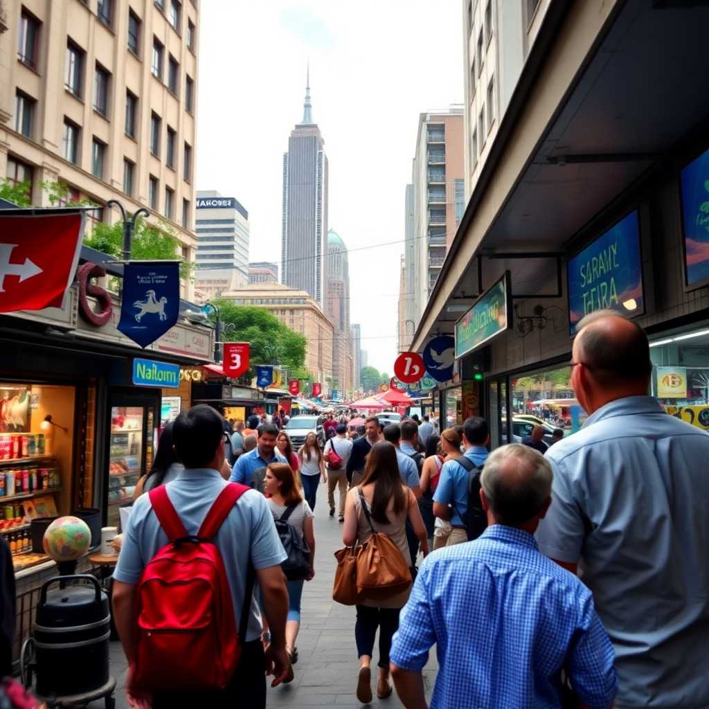 Scenic view of a city from a busy tourism desk