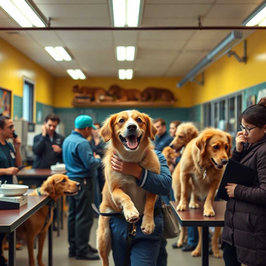 Busy animal training facility with trainers attending clients and phones ringing