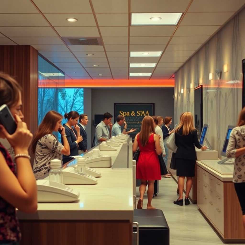 Busy spa reception area with phones ringing