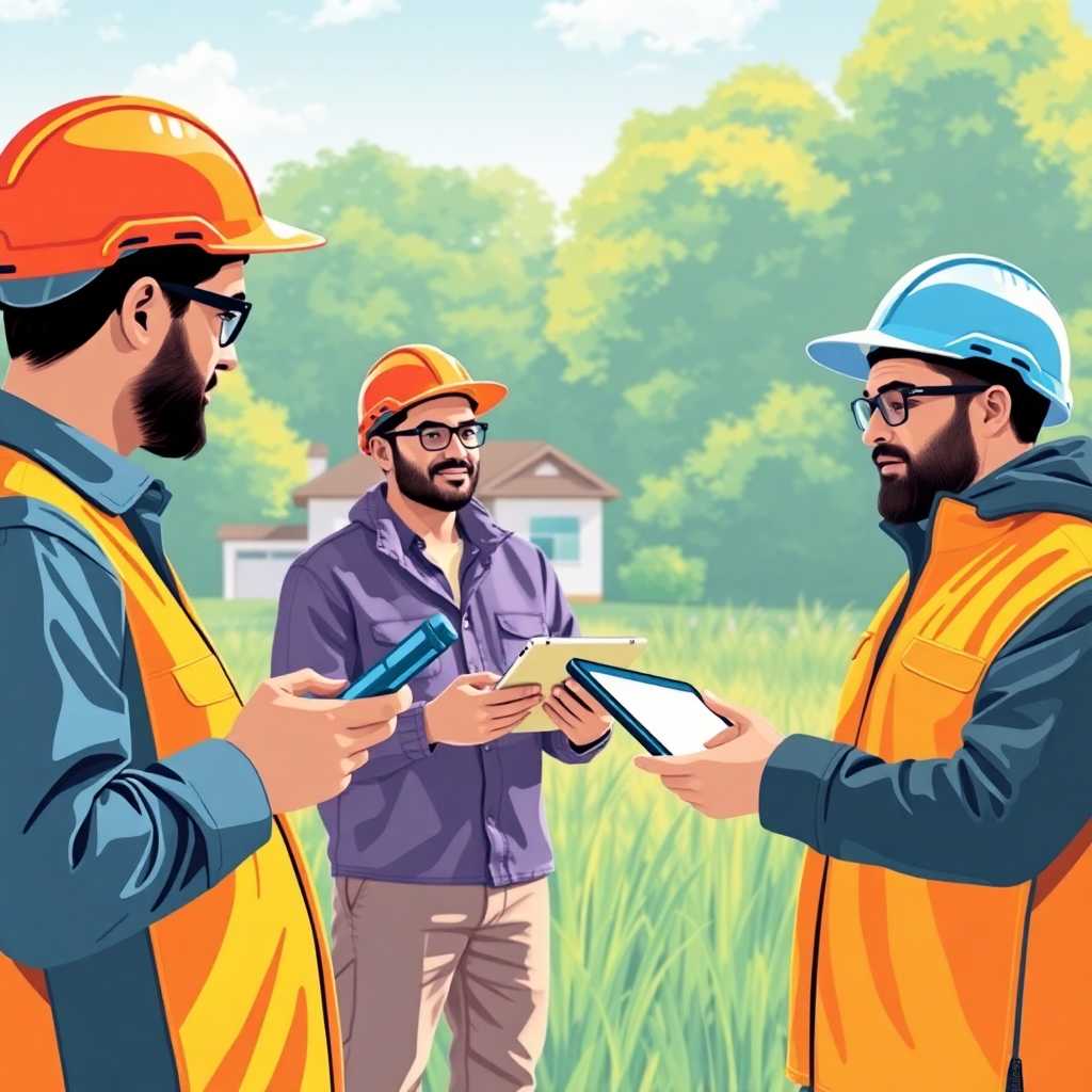 Illustration showing smart home specialists using tablets in the field. Efficient communication with field teams.