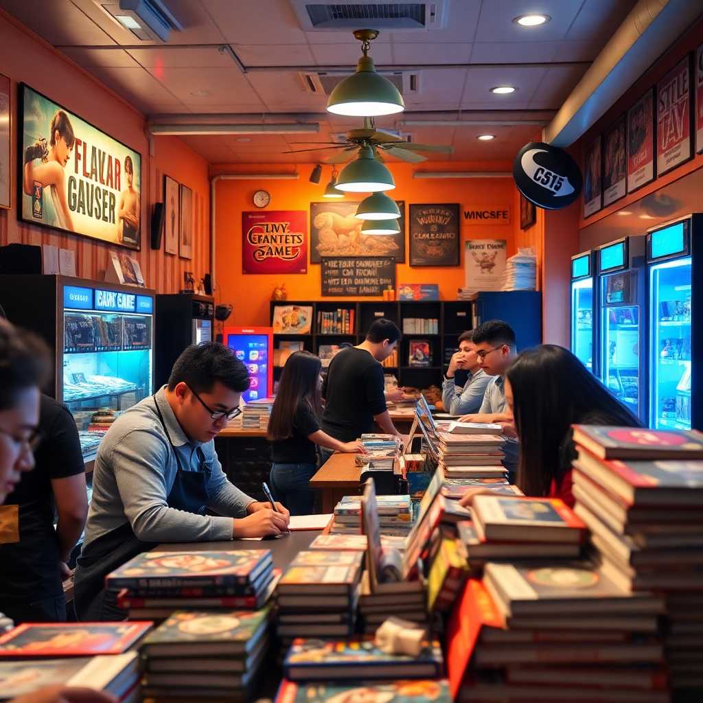 A bustling Board Game Cafe with employees serving customers and texts piling up.