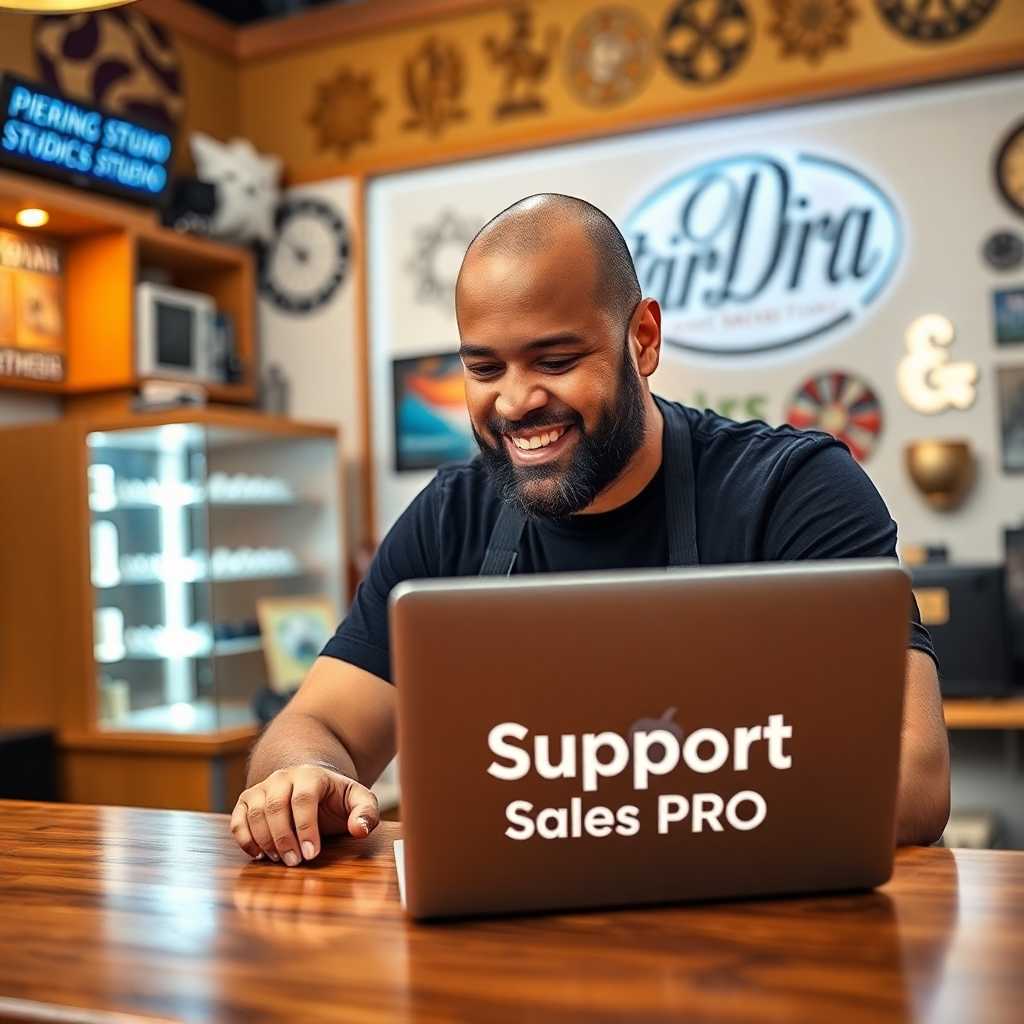A satisfied Piercing Studio owner looking at a laptop with TextSupport Sales PRO open