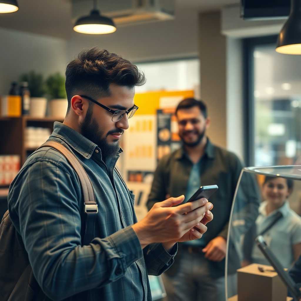 Business owner checking SMS with a satisfied customer visible in the background