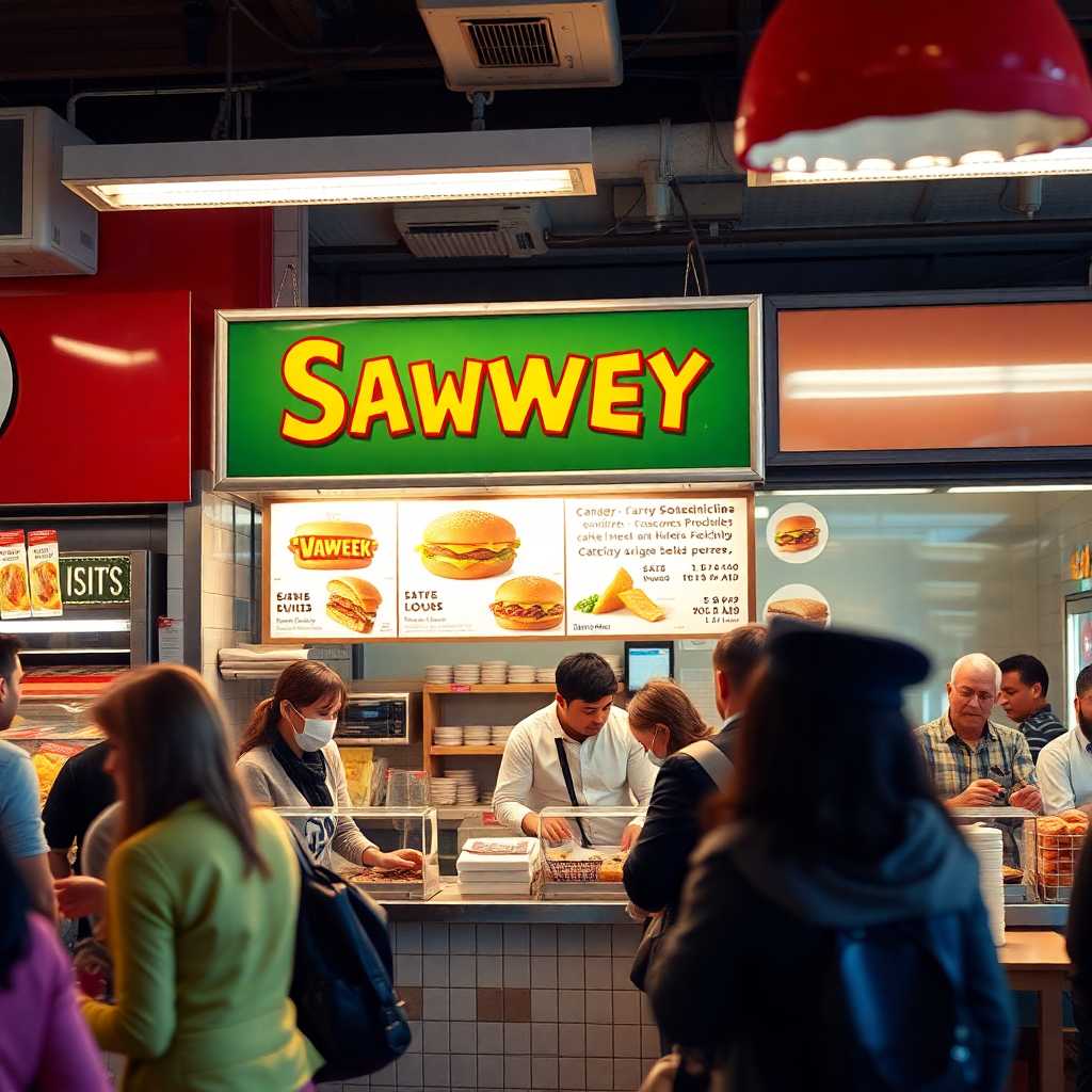 Busy sandwich shop with happy customers