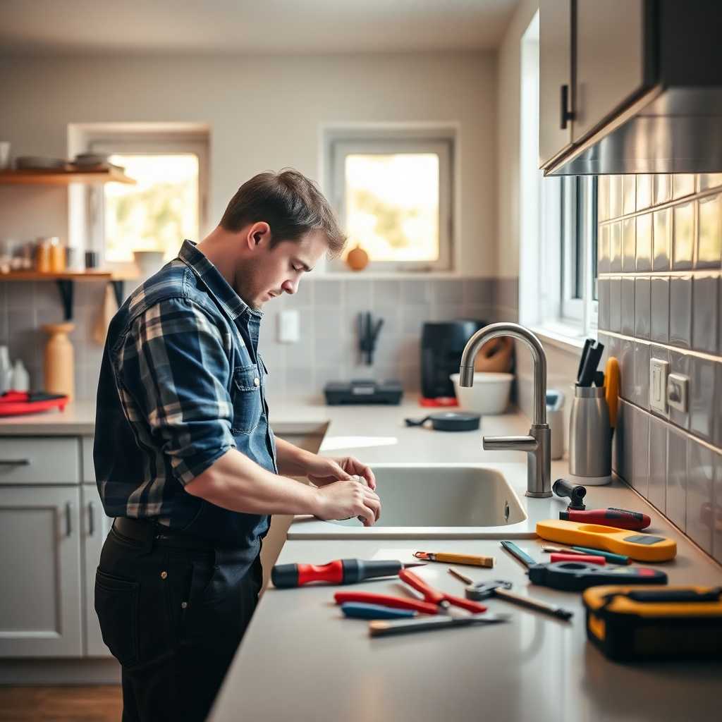 A handyman repairing a sink in a brightly lit kitchen with tools spread out on the counter.