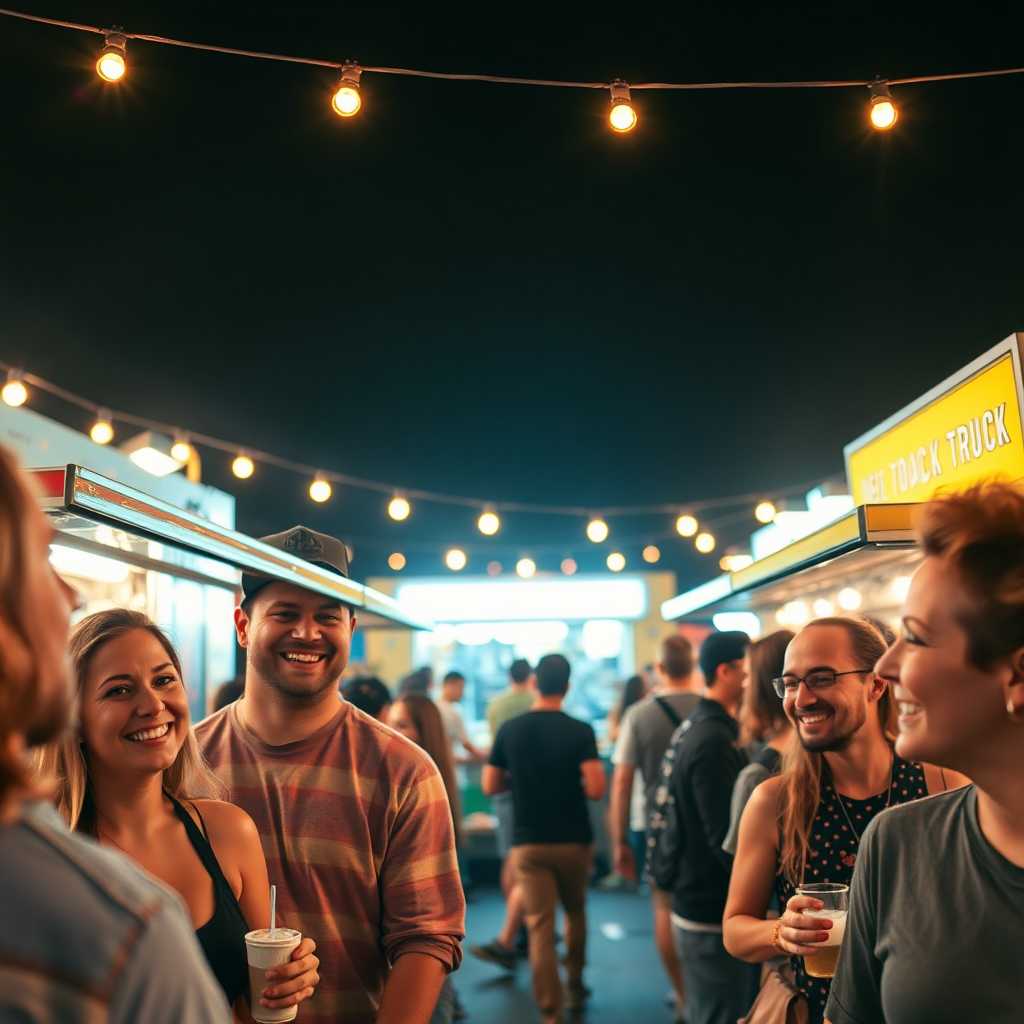 Food truck event with upbeat music and smiling customers enjoying their time.