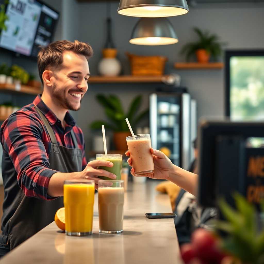 Happy Customer receiving a custom smoothie order through automation