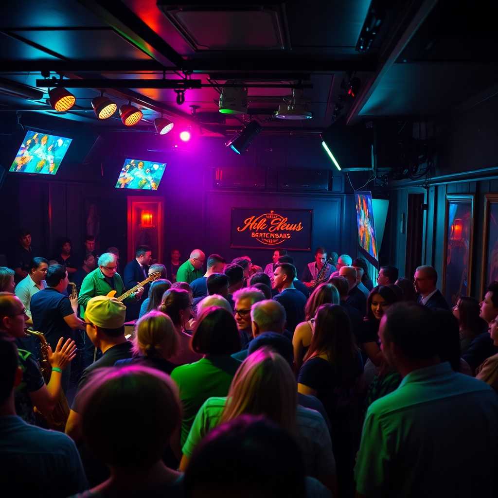 Busy jazz club scene filled with patrons enjoying live music.
