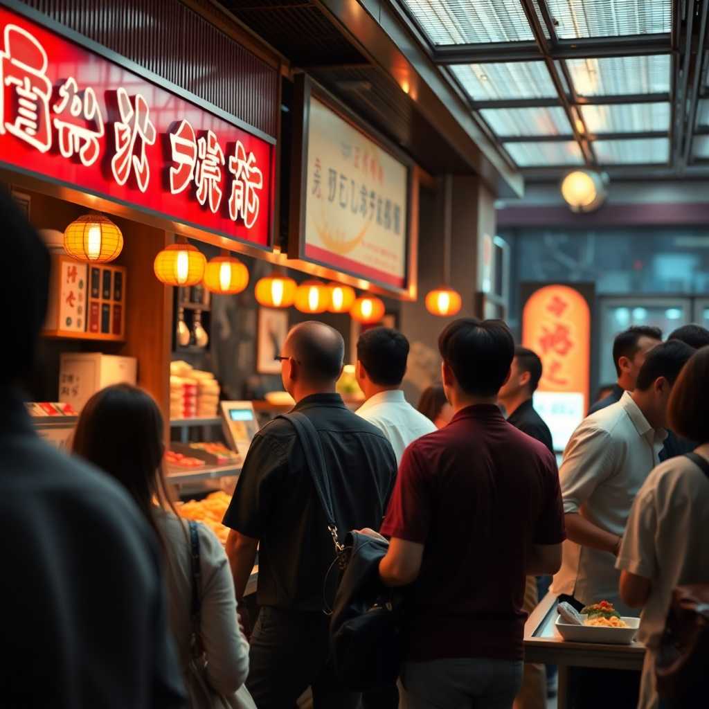 Busy Sushi Bar with a Line of Customers