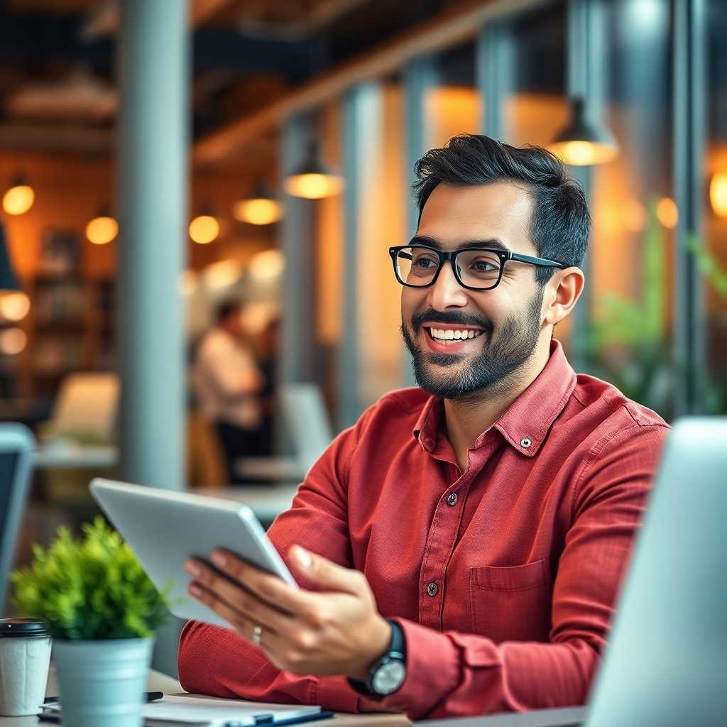 Business owner smiling while looking at increased sales metrics