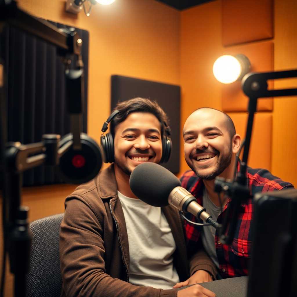 Smiling podcast producer at a recording booth