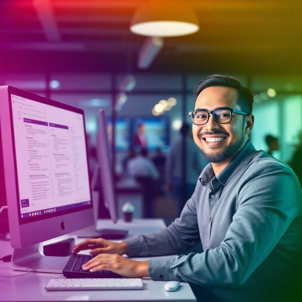 A business owner smiling while using the TextSupport Sales PRO system on their computer