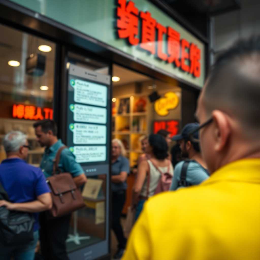 A busy storefront with incoming messages displayed over a phone.