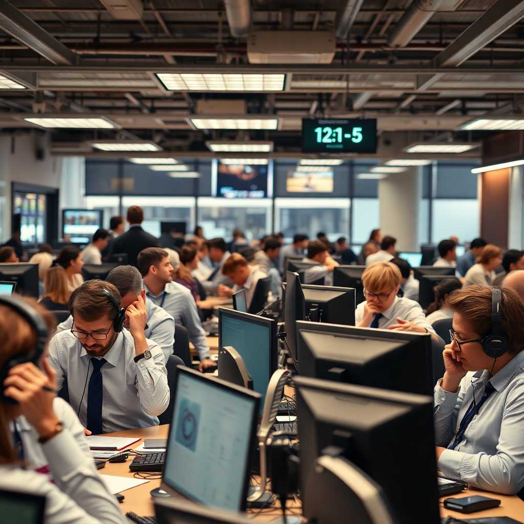 A bustling office with multiple communication devices shows the hectic pace of daily operations.
