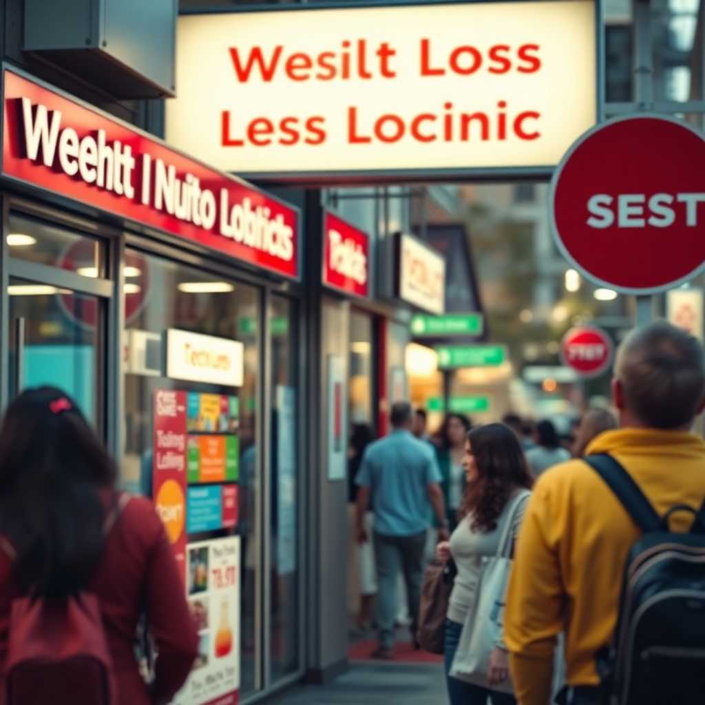 A bustling weight loss clinic storefront with numerous incoming text notifications