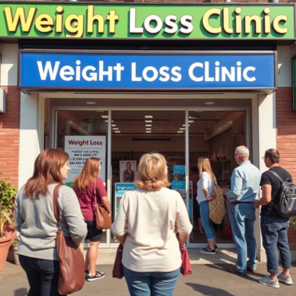 A busy Weight Loss Clinic storefront with clients discussing services