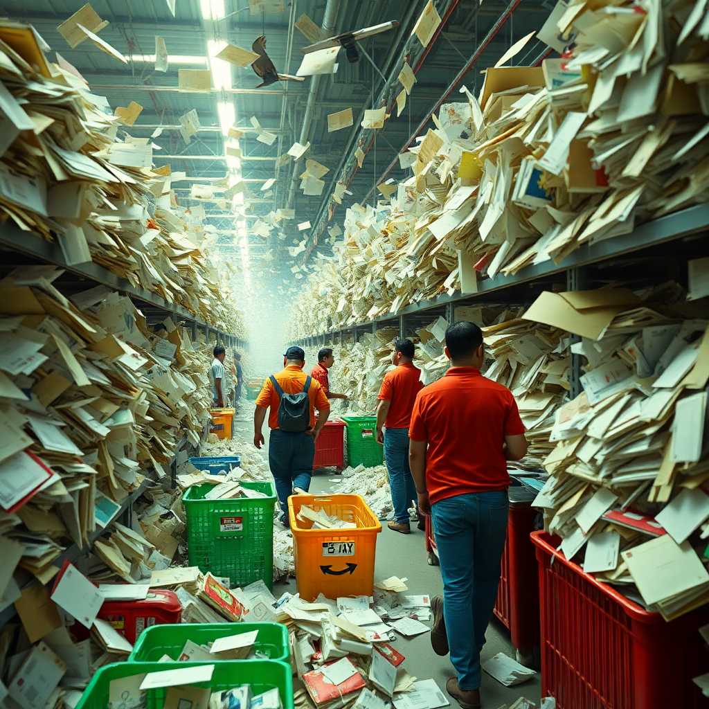 A bustling recycling center with workers hustling amidst a sea of incoming messages