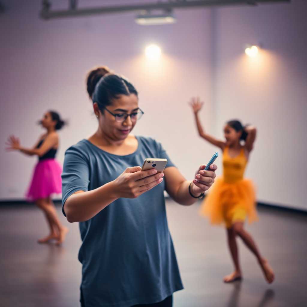 Parent using mobile phone to text dance studio