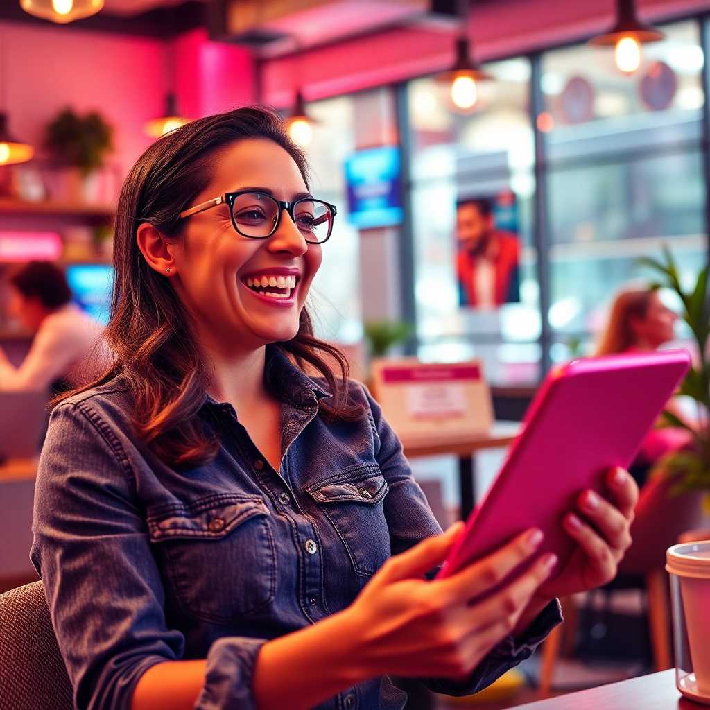 A delighted business owner reading messages