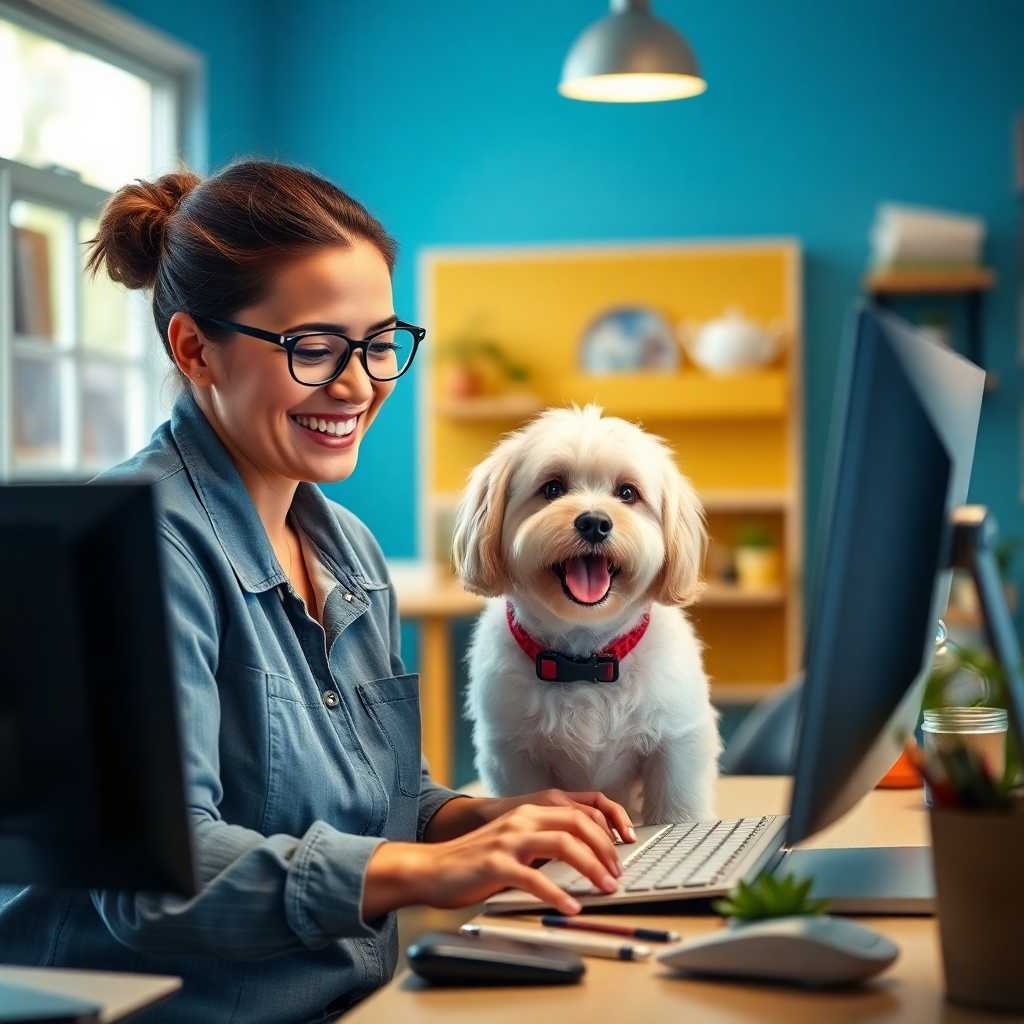 A smiling pet daycare owner checking texts on a desktop.
