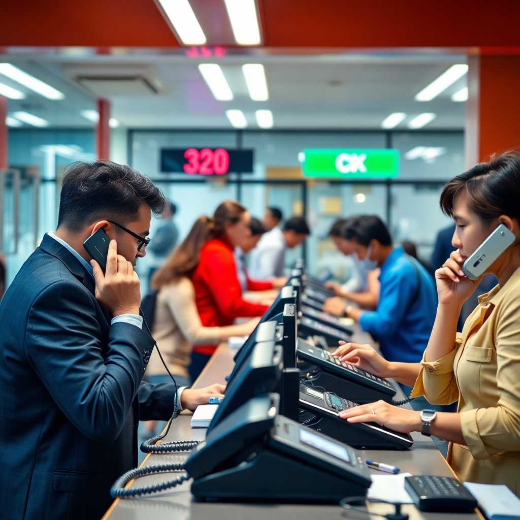 Busy front desk with phones ringing and customers waiting