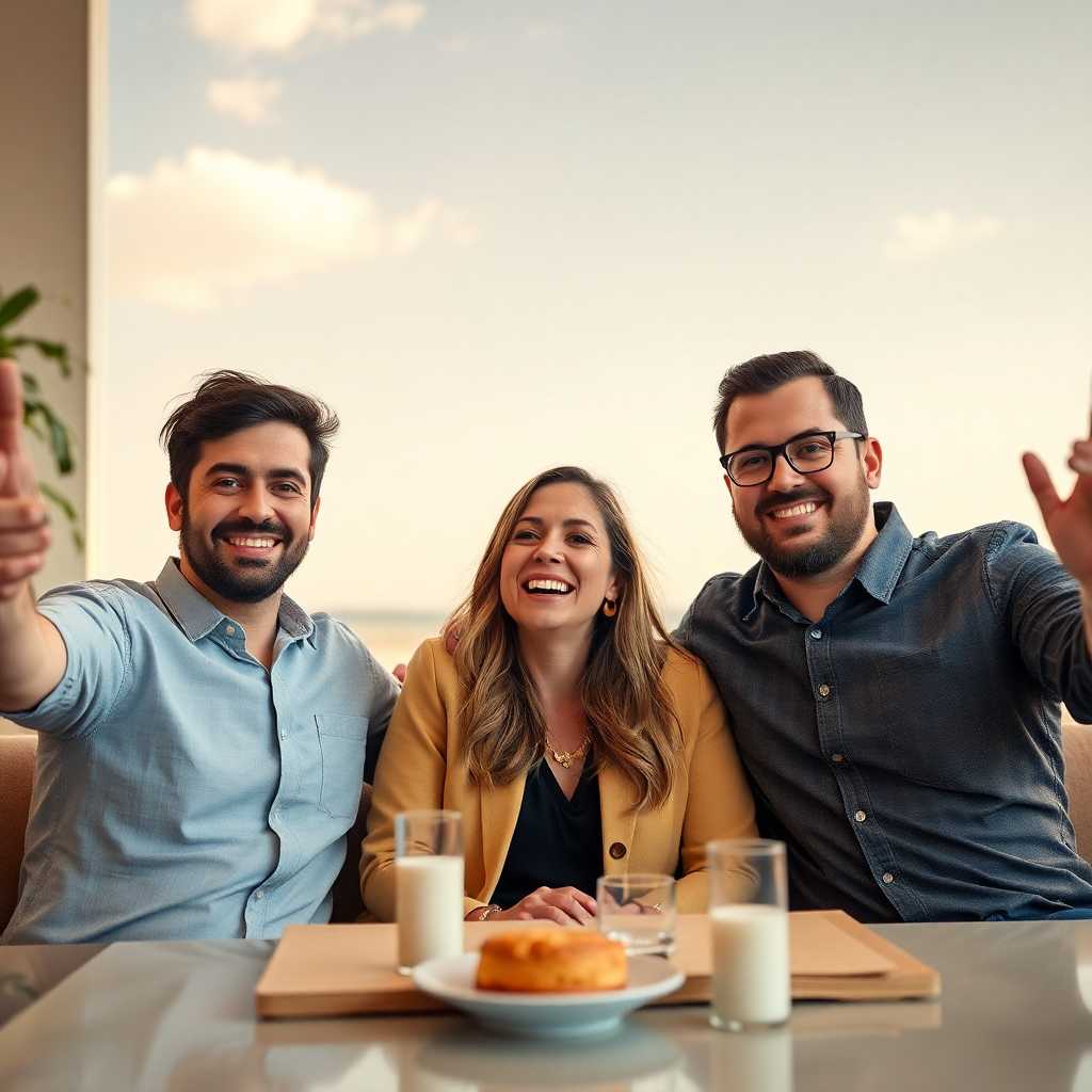 FrameArc owners celebrating their sales growth with a happy client