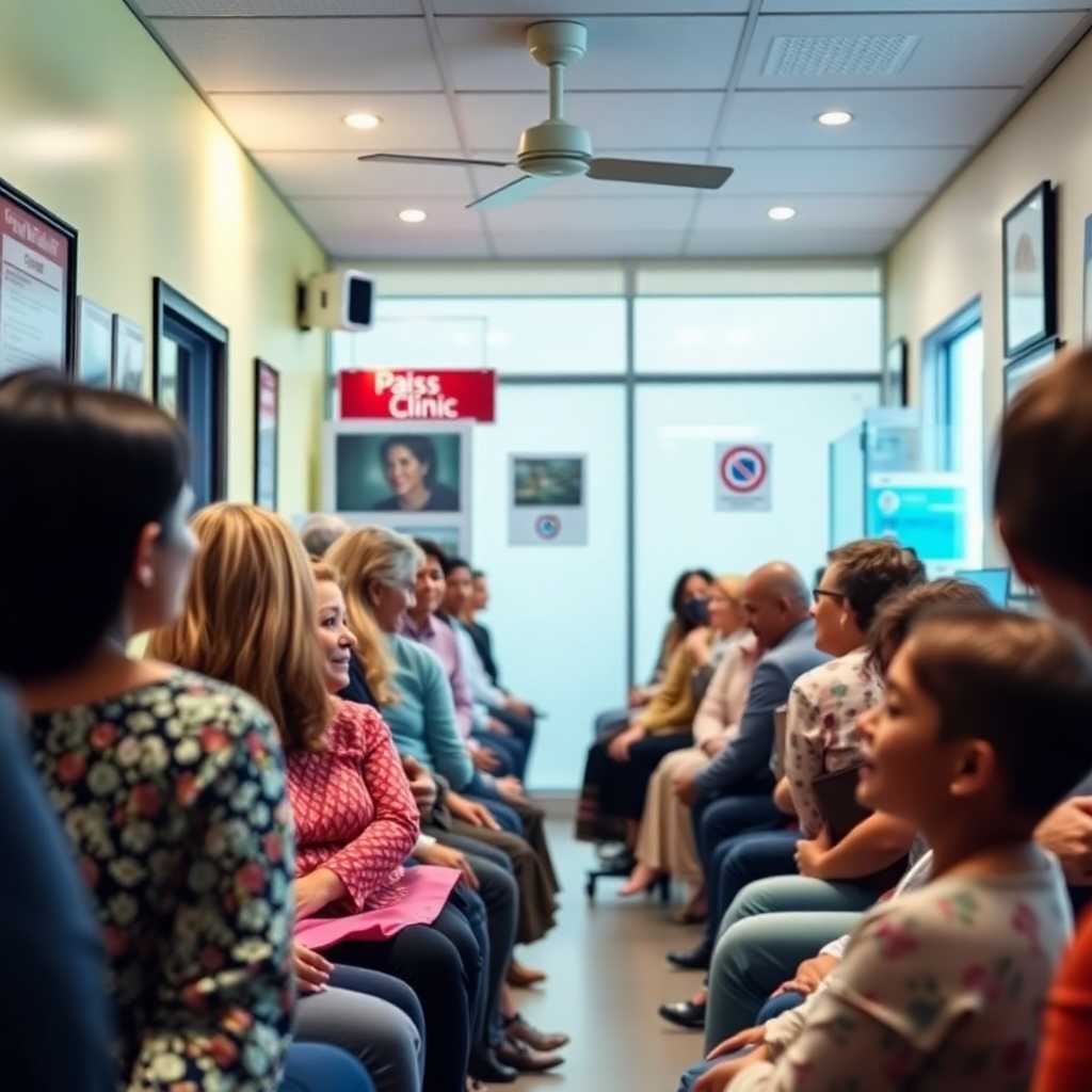 A busy Weight Loss Clinic office with many patients waiting. Caption: This bustling clinic is now efficiently managing with TextSupport Sales PRO—improvement comes when complexity decreases.
