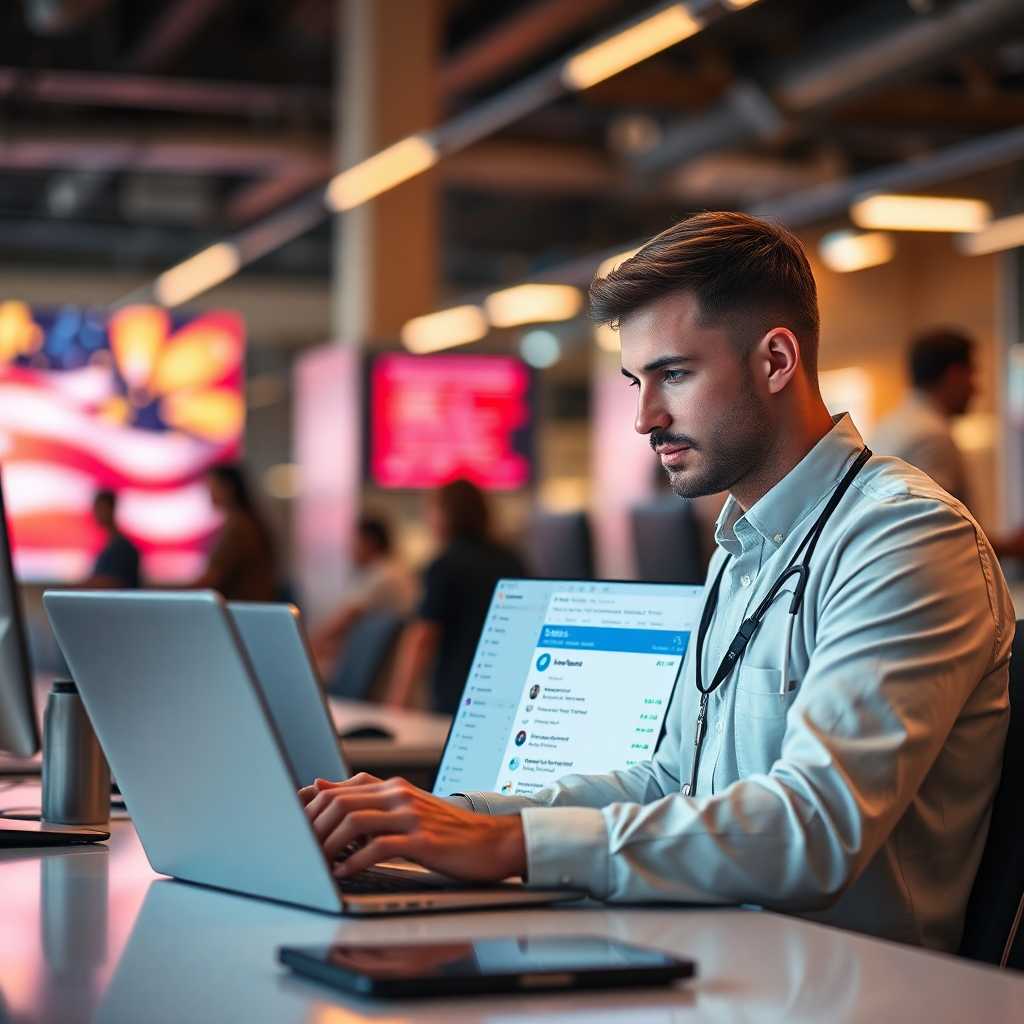A staff member uses a laptop with on-screen SMS management system.