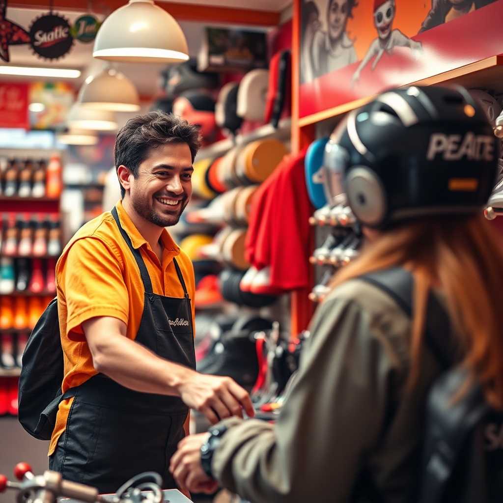Shopkeeper happy to assist a customer with skate rentals
