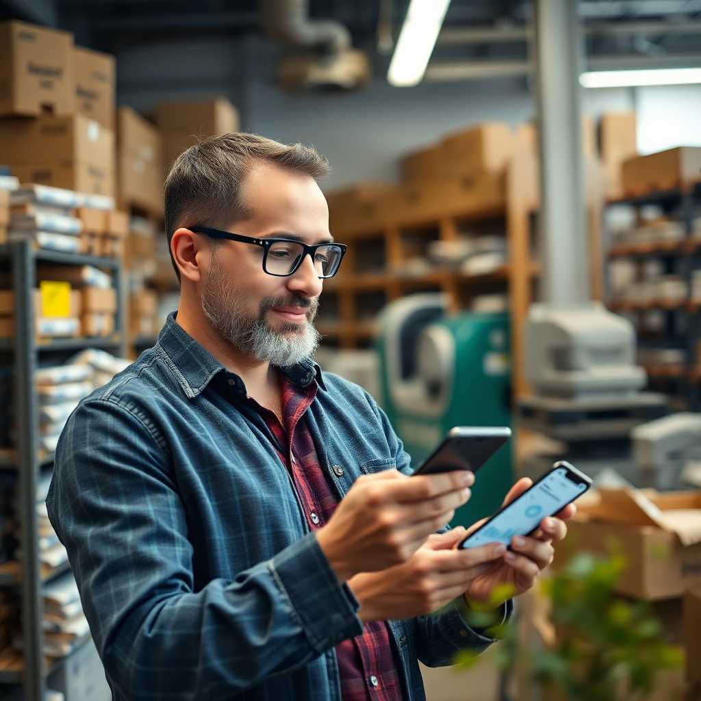 Successful print shop owner reviewing SMS analytics on mobile
