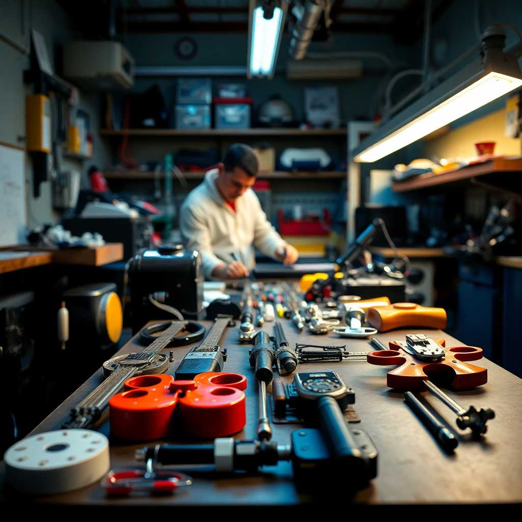 Instruments laid out on a workbench, technician at work